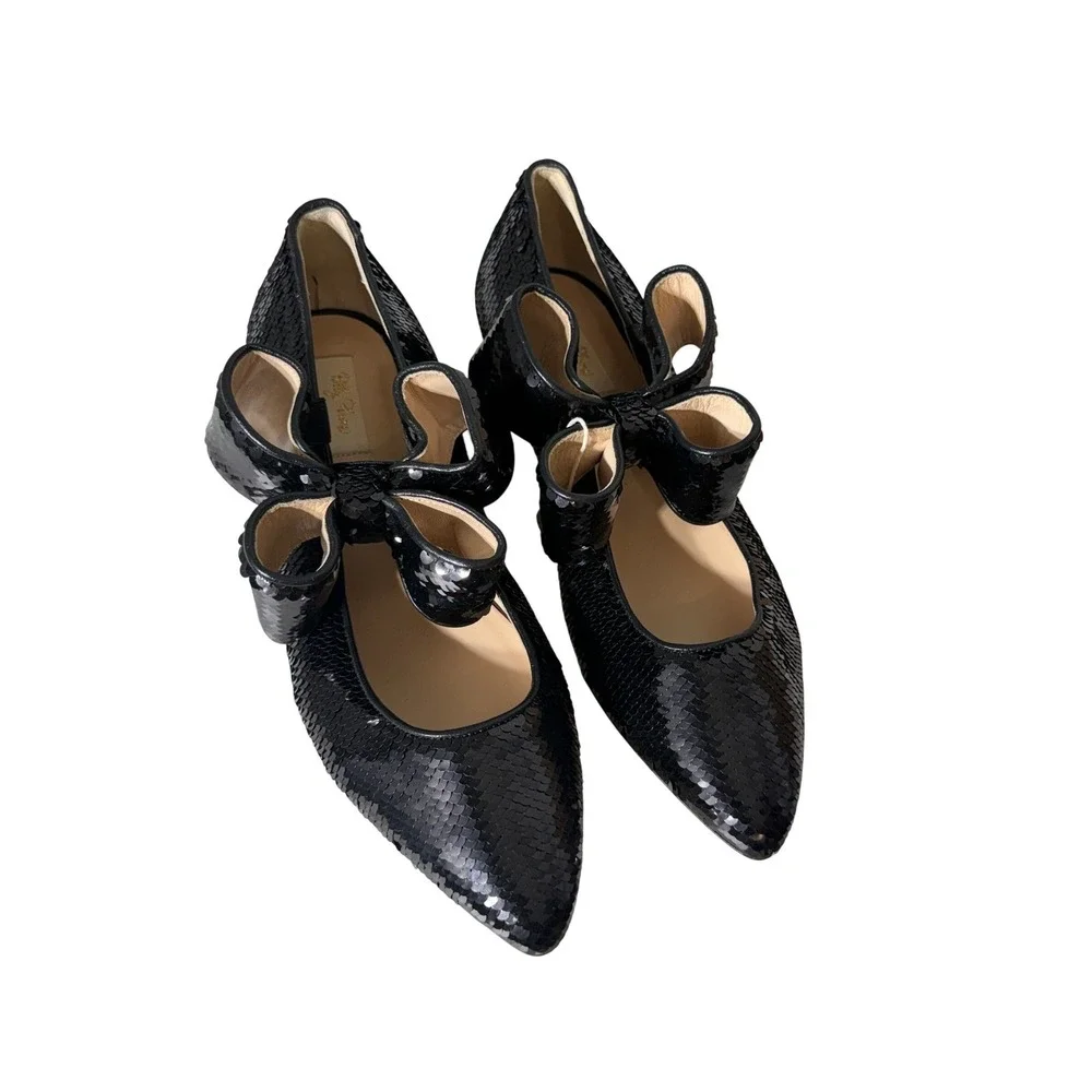 Polly Plume Bonnie Black Sequin Pointed Toe Bow Flat Made in Italy Size 40 Women
